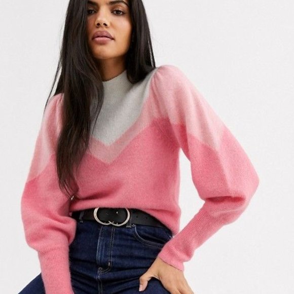 colour block puff sleeve sweater